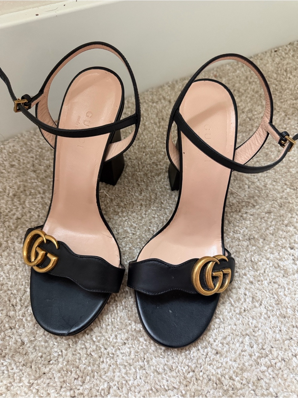 Gucci Black Leather Ankle-Strap Heels with Gold Double G
